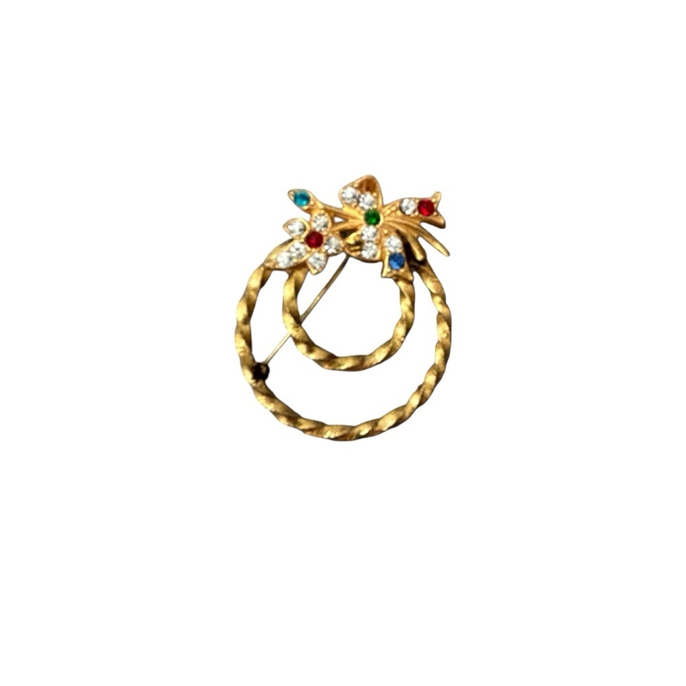 Vintage Gold Toned Wreath Brooch with Colorful Gem Accents